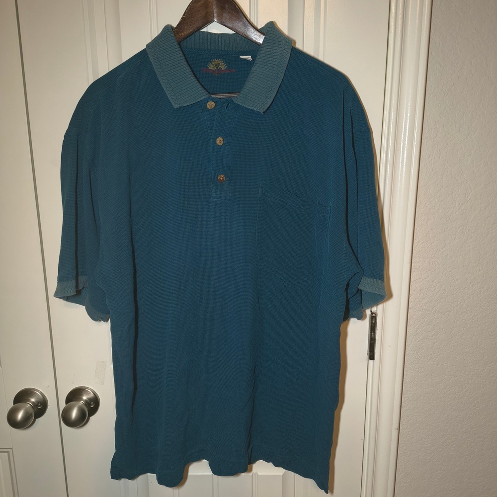 Vintage 90s Tommy Bahama Mens Teal Blue Waffle Knit Polo Shirt XL Short Sleeve